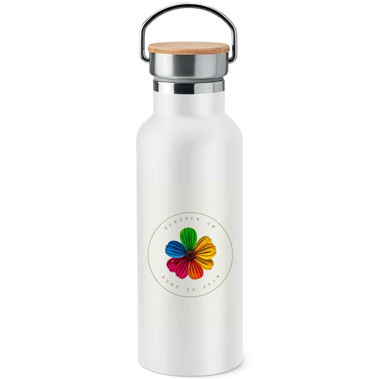 "Geboren um bunt zu sein" - Edelstahl-Trinkflasche mit Bambusdeckel
